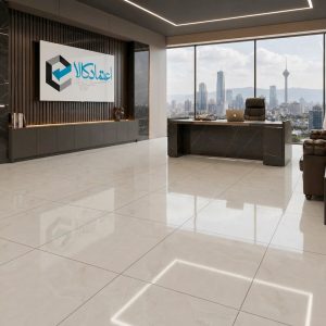 دکوراسیون داخلی لوکس با تناژ گرم و اجرای سرامیک آریا کرم 80 × 80 80×80 برند تاپراک در کف و دیوار پذیرایی.