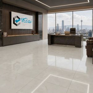 دکوراسیون داخلی مدرن و مینیمال با اجرای سرامیک آماتیس 80 × 80 80×80 برند تاپراک در کف و دیوارهای سالن.