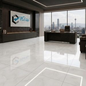 اجرای سرامیک فریا 001 کاشی ستاره 60×60 براق در کف پذیرایی مدرن