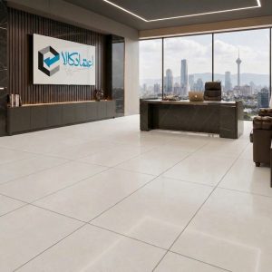 رندر اجرایی سرامیک سالوادور صدفی ۶۰×۱۲۰ در محیط معماری مدرن