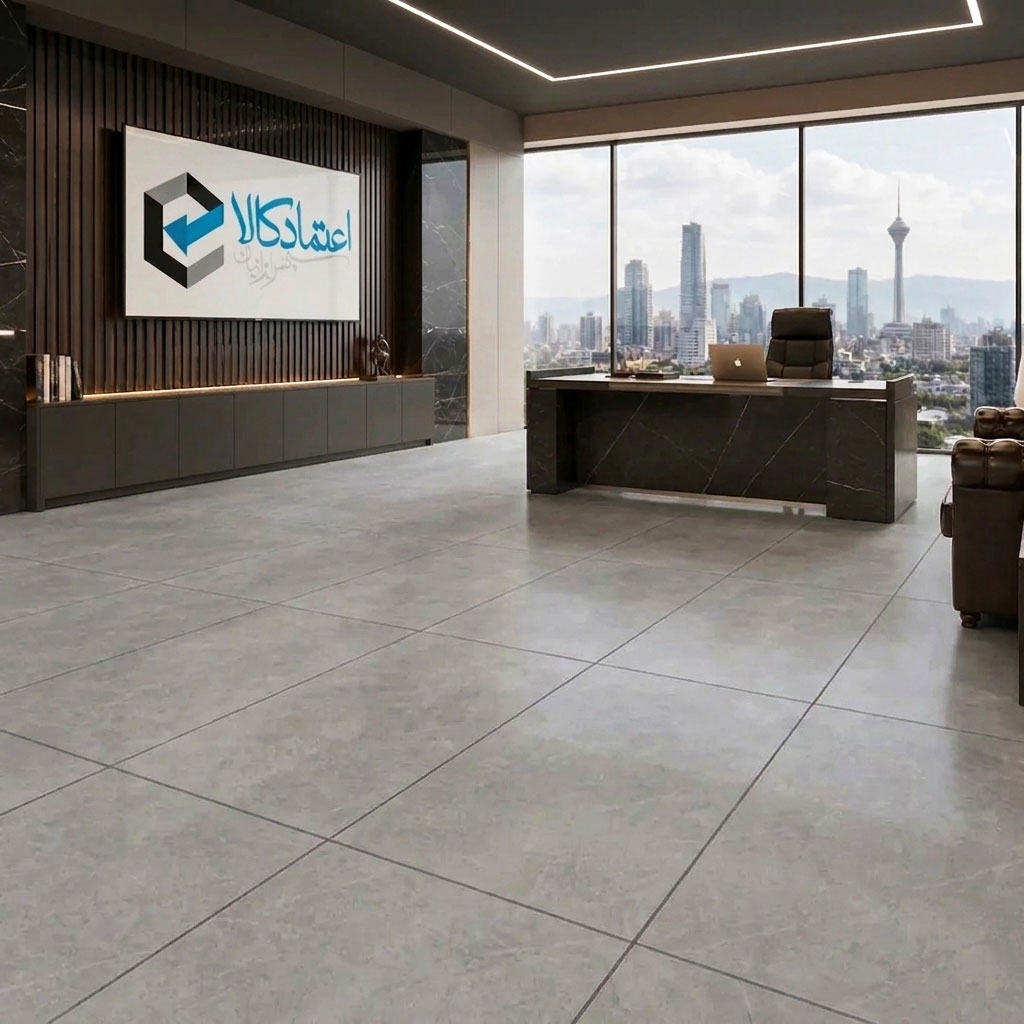 رندر دکوراسیون و اجرای سرامیک لومینا طوسی تیره 60×120